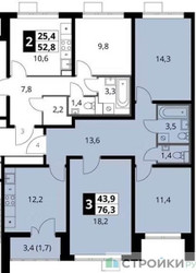 Планировка трехкомнатной(квартира) площадью 76.3 квадратных метров в ЖК “ЖК 1-й Шереметьевский (Первый Шереметьевский)”
