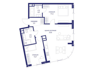 Планировка двухкомнатной(квартира) площадью 76.5 квадратных метров в ЖК “ЖК Событие”