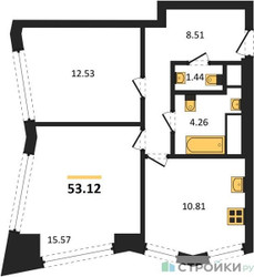 Планировка двухкомнатной(квартира) площадью 53.12 квадратных метров в ЖК “UNO Горбунова”