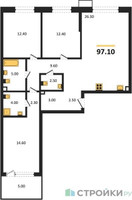 Планировка трехкомнатной(квартира) площадью 97.1 квадратных метров в “ЖК Дзен-кварталы”