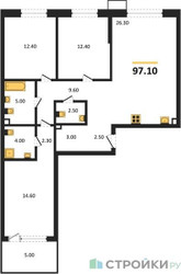 Планировка трехкомнатной(квартира) площадью 97.1 квадратных метров в ЖК “ЖК Дзен-кварталы”