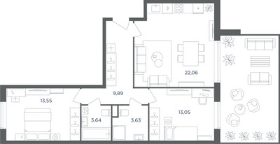 Планировка трехкомнатной(квартира) площадью 65.7 квадратных метров в ЖК “ЖК Равновесие”