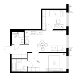 Планировка двухкомнатной(квартира) площадью 51.5 квадратных метров в ЖК “Квартал Мит”