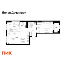 Планировка двухкомнатной(квартира) площадью 63.2 квадратных метров в ЖК “ЖК Белая Дача парк”
