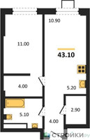 Планировка однокомнатной(квартира) площадью 43.1 квадратных метров в “ЖК Новые смыслы”