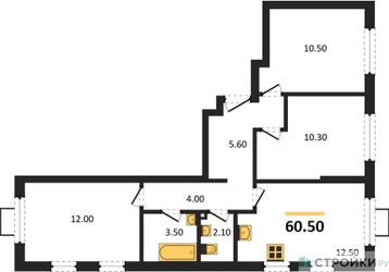 Планировка трехкомнатной(квартира) площадью 60.7 квадратных метров в ЖК “ЖК Лучи-2”