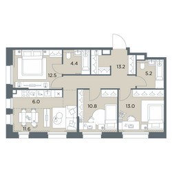 Планировка 4+ комнатной(квартира) площадью 76.7 квадратных метров в ЖК “ЖК Станиславский”