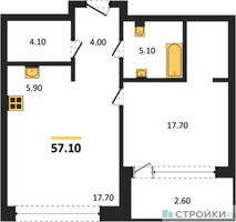 Планировка однокомнатной(квартира) площадью 57.1 квадратных метров в “ЖК Монблан”