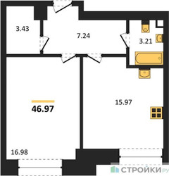 Планировка однокомнатной(квартира) площадью 46.97 квадратных метров в ЖК “ЖК Sezar City (Сезар Сити)”