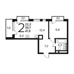 Планировка двухкомнатной(квартира) площадью 41.9 квадратных метров в ЖК “Новые Ватутинки. Заречный”