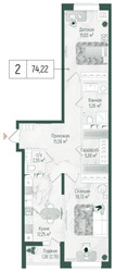 Планировка двухкомнатной(квартира) площадью 75.75 квадратных метров в ЖК “ЖК Рига Хиллс”