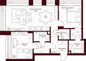 Планировка двухкомнатной(квартира) площадью 68.7 квадратных метров в ЖК “ЖК Дом 7 Даниловский”