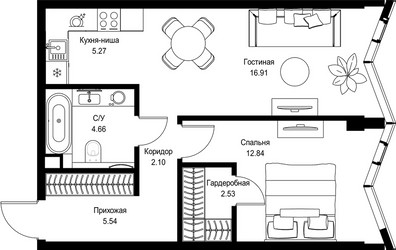 Планировка однокомнатной(квартира) площадью 49.85 квадратных метров в ЖК “Дом премиум-класса МИРА”