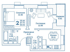Планировка двухкомнатной(квартира) площадью 50.04 квадратных метров в “ЖК Новоград Монино”