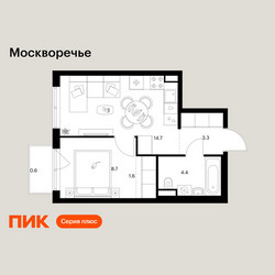 Планировка однокомнатной(квартира) площадью 33.3 квадратных метров в ЖК “ЖК Москворечье”