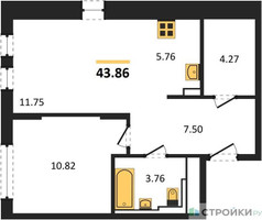 Планировка однокомнатной(квартира) площадью 43.86 квадратных метров в “ЖК Остафьево”