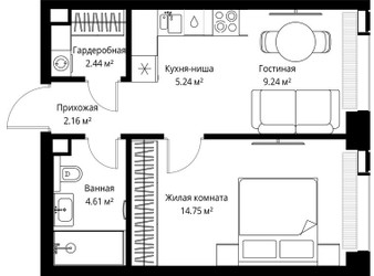 Планировка однокомнатной(квартира) площадью 38.44 квадратных метров в ЖК “ЖК Веер”