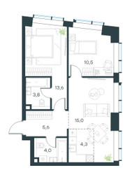 Планировка трехкомнатной(квартира) площадью 57.7 квадратных метров в ЖК “Level Павелецкая Сити”