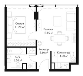 Планировка однокомнатной(квартира) площадью 42.4 квадратных метров в ЖК “ЖК Слава”
