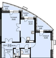 Планировка двухкомнатной(квартира) площадью 60.2 квадратных метров в “ЖК Соболевка”