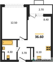 Планировка однокомнатной(квартира) площадью 36.6 квадратных метров в “ЖК Прокшино”