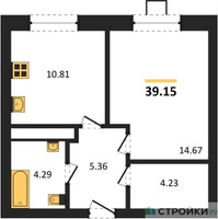 Планировка однокомнатной(квартира) площадью 39.15 квадратных метров в “ЖК Мечта”