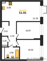 Планировка двухкомнатной(квартира) площадью 51.91 квадратных метров в “ЖК Пригород Лесное”