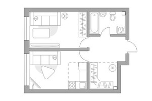 Планировка двухкомнатной(квартира) площадью 42.12 квадратных метров в “ЖК Тринити”