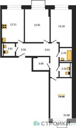 Планировка трехкомнатной(квартира) площадью 78.96 квадратных метров в ЖК “ЖК Мытищи Парк”