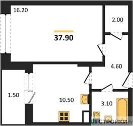 Планировка однокомнатной(квартира) площадью 37.9 квадратных метров в ЖК “ЖК Малиново”