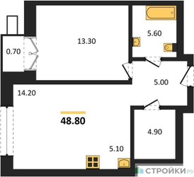 Планировка однокомнатной(квартира) площадью 48.8 квадратных метров в ЖК “ЖК Родина Парк”