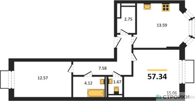 Планировка двухкомнатной(квартира) площадью 57.34 квадратных метров в ЖК “ЖК Квартал Домашний”