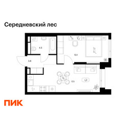 Планировка однокомнатной(квартира) площадью 38.5 квадратных метров в ЖК “ЖК Середневский лес”