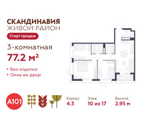 Планировка трехкомнатной(квартира) площадью 77.2 квадратных метров в ЖК “ЖК Скандинавия”
