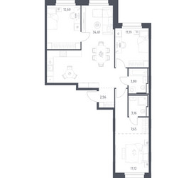 Планировка трехкомнатной(квартира) площадью 86.69 квадратных метров в ЖК “ЖК Заречье Парк”
