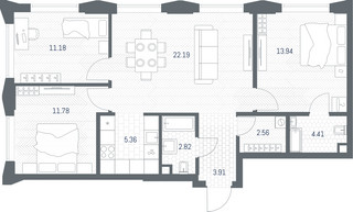 Планировка трехкомнатной(квартира) площадью 78.15 квадратных метров в “ЖК TATE (Тэйт)”