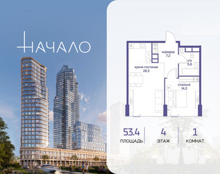 Планировка однокомнатной(квартира) площадью 53.4 квадратных метров в ЖК “ЖК Начало”