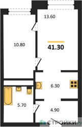 Планировка однокомнатной(апартаменты) площадью 41.3 квадратных метров в ЖК “ЖК Мираполис”