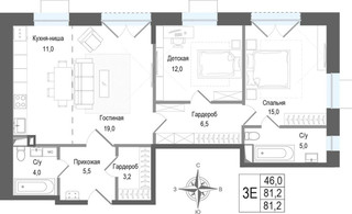 Планировка трехкомнатной(квартира) площадью 81.2 квадратных метров в “ЖК КИНОКВАРТАЛ”