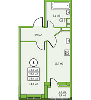 Планировка однокомнатной(квартира) площадью 38.4 квадратных метров в “ЖК Дом у озера”