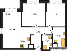 Планировка двухкомнатной(квартира) площадью 61.98 квадратных метров в “ЖК EvoPark Сокольники”