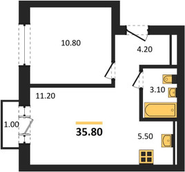 Планировка однокомнатной(квартира) площадью 35.8 квадратных метров в ЖК “ЖК Квартал Метроном”