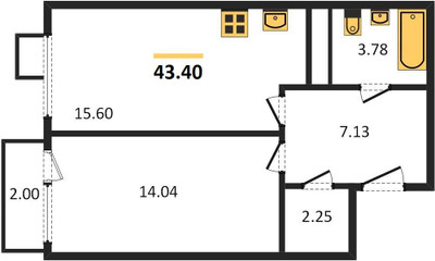 Планировка однокомнатной(квартира) площадью 43.4 квадратных метров в ЖК “ЖК Катуар”