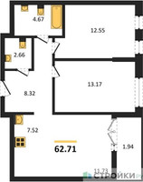 Планировка двухкомнатной(квартира) площадью 62.71 квадратных метров в “ЖК Дюна”