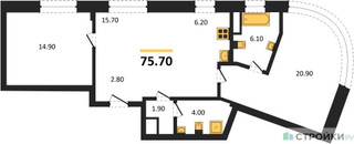 Планировка двухкомнатной(квартира) площадью 75.7 квадратных метров в “ЖК Родина Переделкино”