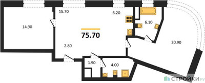 Планировка двухкомнатной(квартира) площадью 75.7 квадратных метров в ЖК “ЖК Родина Переделкино”