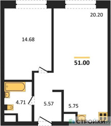 Планировка однокомнатной(квартира) площадью 51 квадратных метров в ЖК “ЖК Собрание клубных домов West Garden (Вест Гарден)”