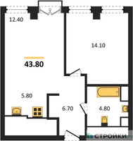 Планировка однокомнатной(апартаменты) площадью 43.8 квадратных метров в “ЖК Emotion (Эмоушен)”