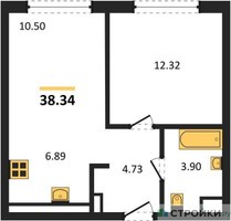 Планировка однокомнатной(квартира) площадью 38.34 квадратных метров в “ЖК Одинград. Квартал Семейный”