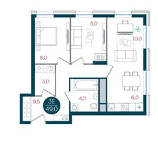Планировка трехкомнатной(квартира) площадью 49 квадратных метров в “ЖК РУСИЧ-Кантемировский”